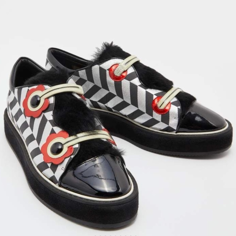 Nicholas Kirkwood Funky Optical Print Faux Fur and Flower Detail Shoes- Sz 36